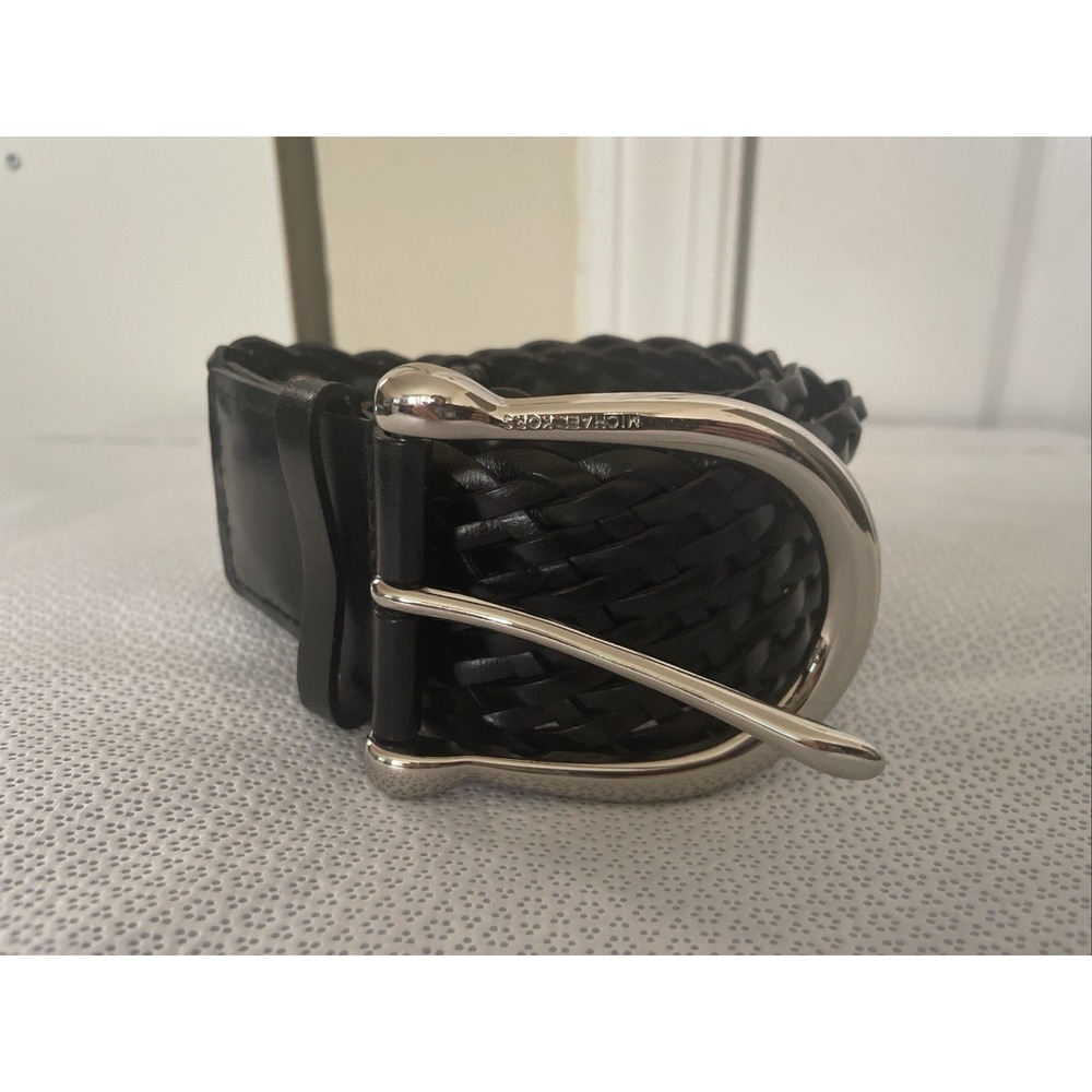 Michael Kors Braided Wide Black Leather Belt Women's Small Woven Silver Buckle